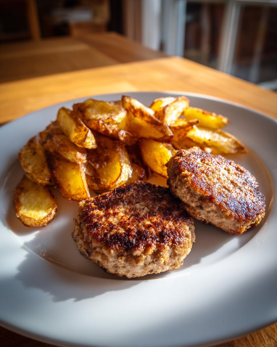Zwei saftige Frikadellen mit knusprigen Bratkartoffeln auf einem weißen Teller.