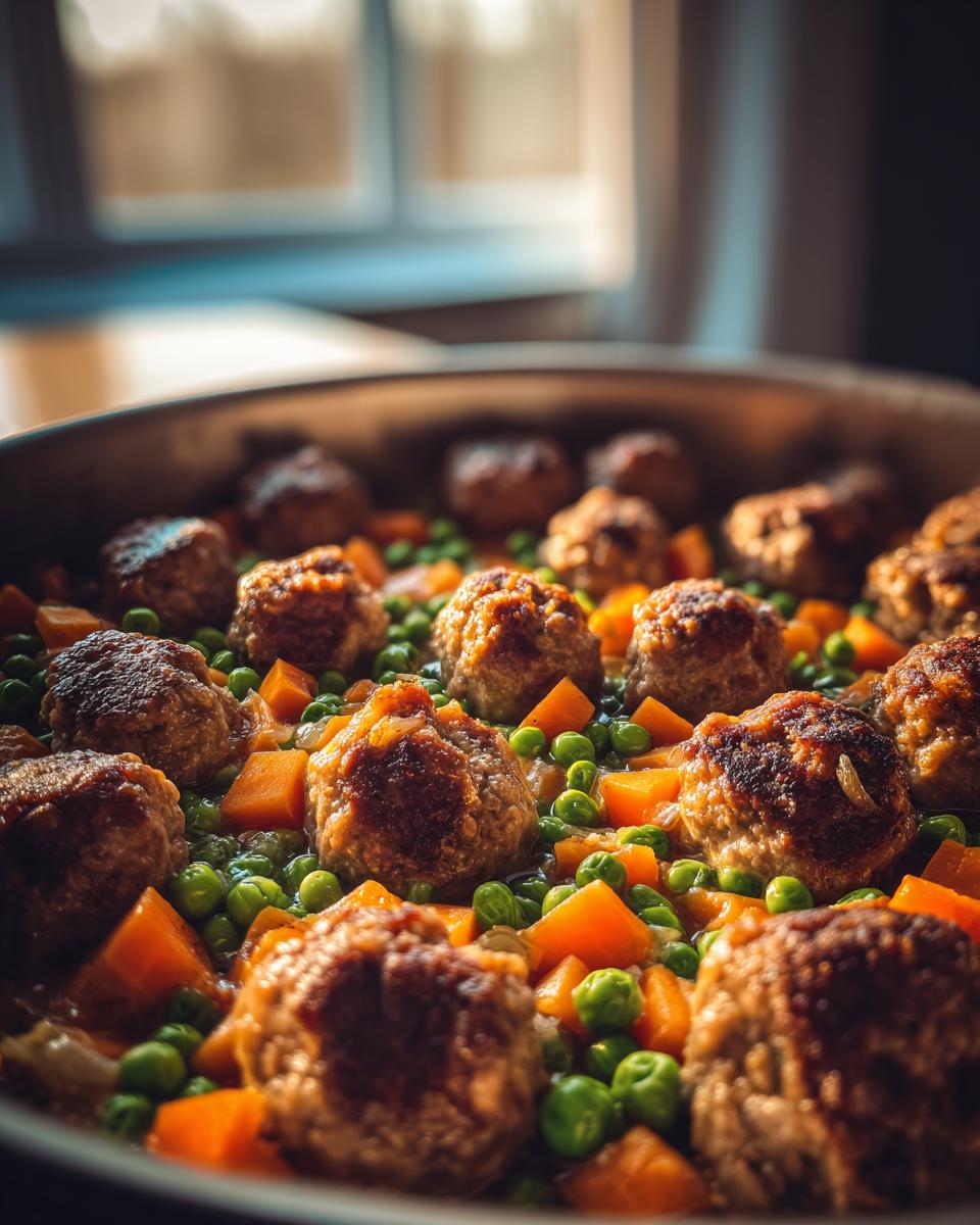 Nahaufnahme von saftigen Frikadellen mit Erbsen und Möhren in einer Pfanne, bereit zum Servieren.