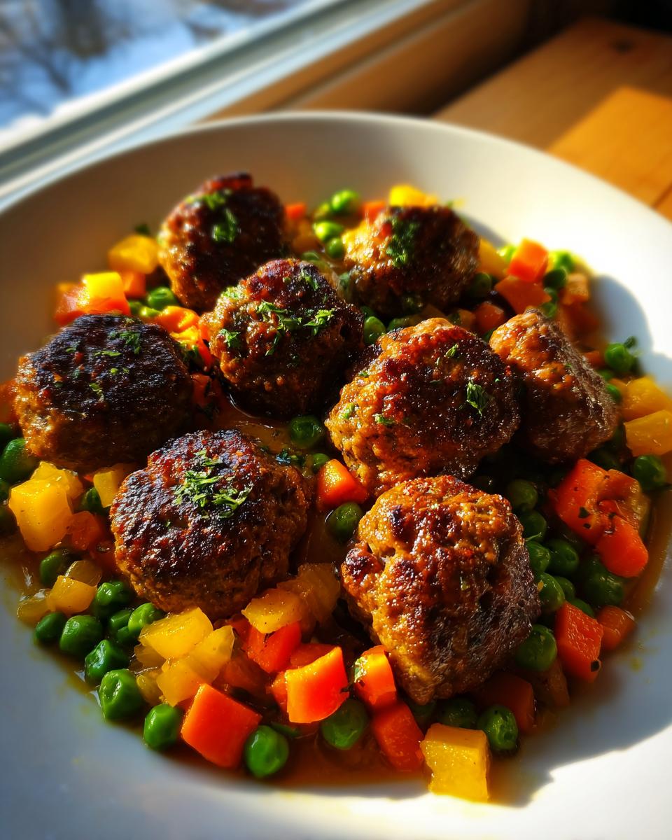 Goldbraune Frikadellen mit Erbsen und Möhren in einer würzigen Soße auf einem weißen Teller.