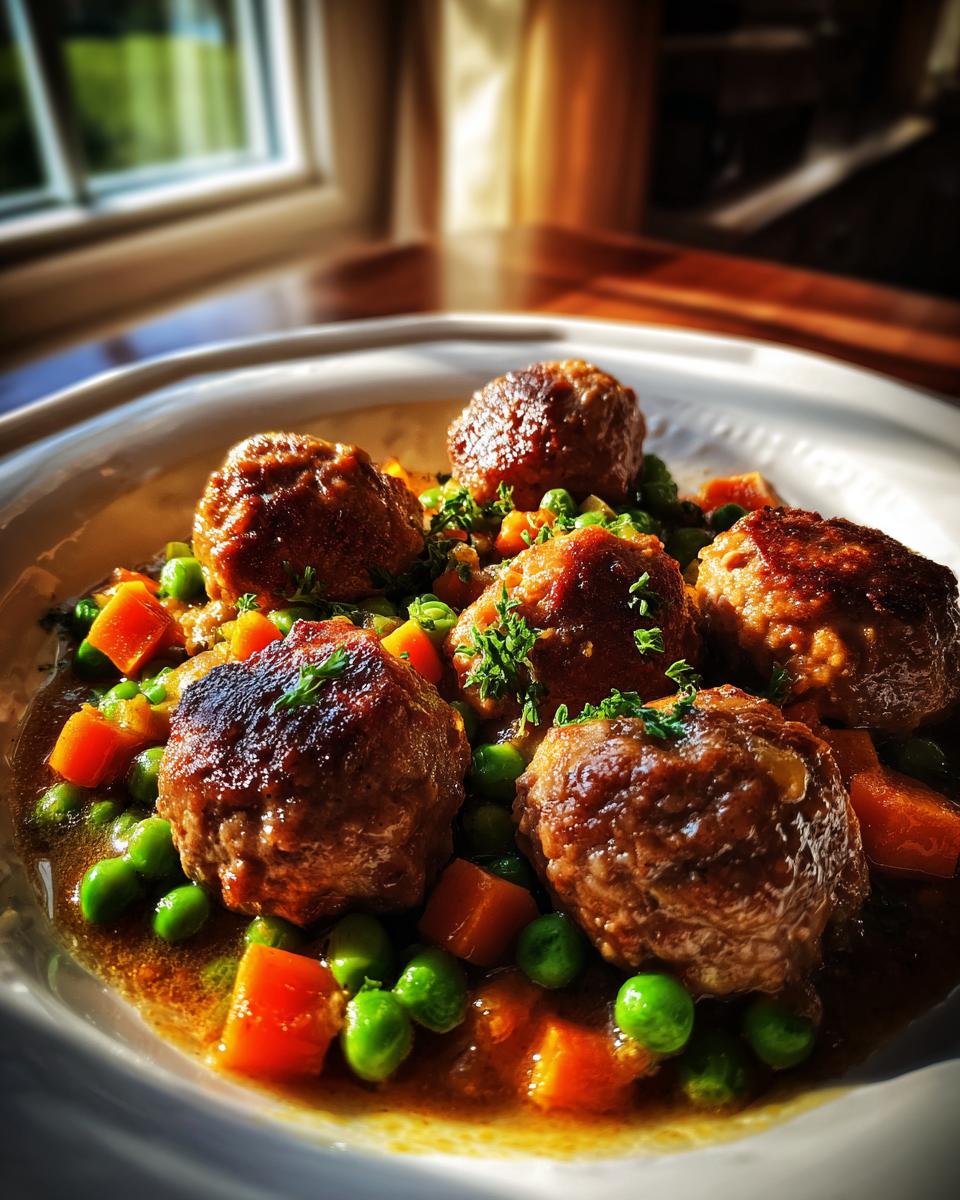 Fünf saftige Frikadellen mit Erbsen und Möhren in einer würzigen Soße, garniert mit Petersilie.