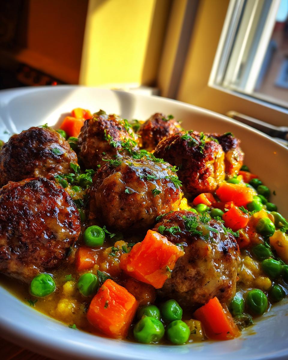 Nahaufnahme von saftigen Frikadellen mit Erbsen und Möhren in einer cremigen Sauce, garniert mit Petersilie.