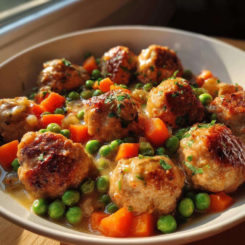 Nahaufnahme von saftigen Frikadellen mit Erbsen und Möhren in einer hellen Soße, appetitlich angerichtet.