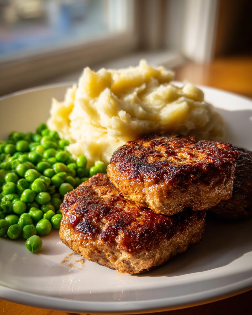 Teller mit drei saftigen Frikadellen, cremigem Kartoffelpüree und leuchtend grünen Erbsen.