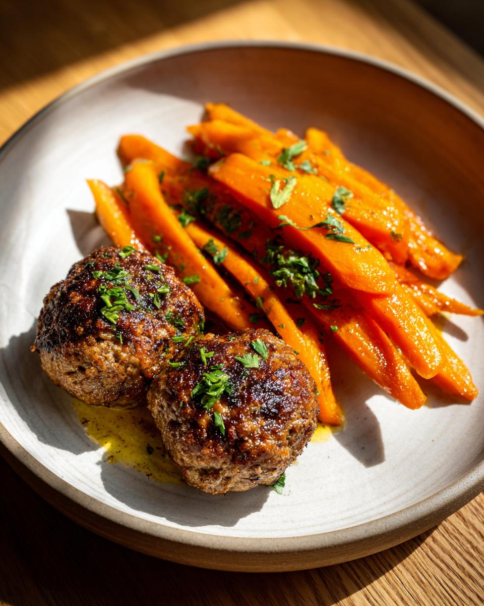 Zwei gebratene Frikadellen mit glasiertem Möhrengemüse, garniert mit Petersilie.