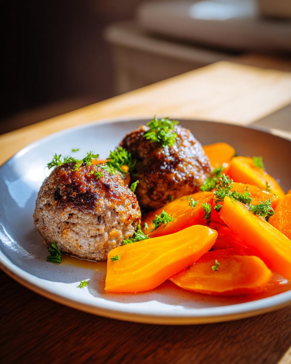Zwei saftige Frikadellen mit leuchtend orangefarbenem Möhrengemüse, garniert mit Petersilie.