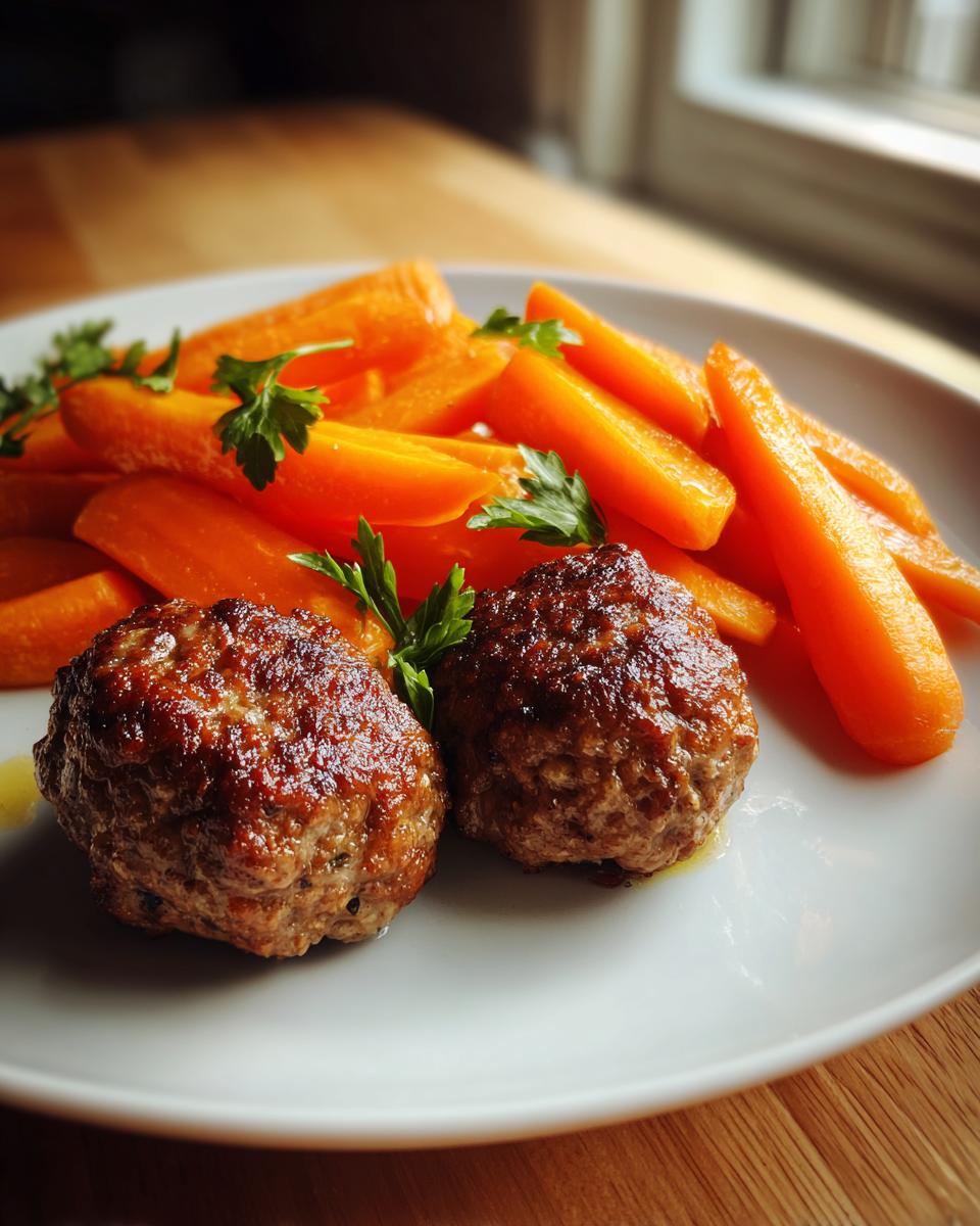Zwei gebratene, saftige Frikadellen mit leuchtend orangefarbenem Möhrengemüse und Petersilie.