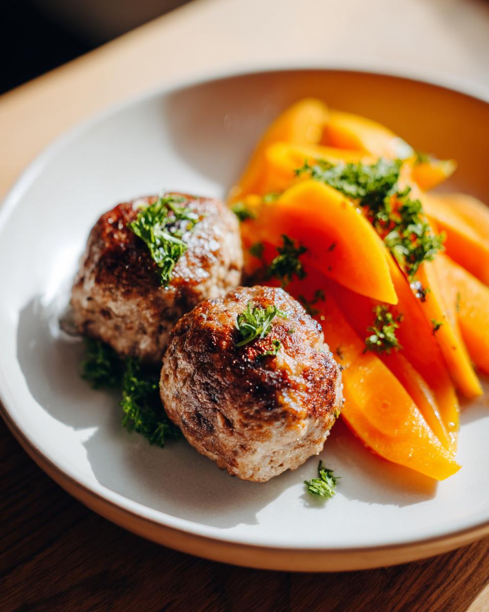Zwei saftige Frikadellen mit leuchtend orangefarbenem Möhrengemüse, garniert mit Petersilie.