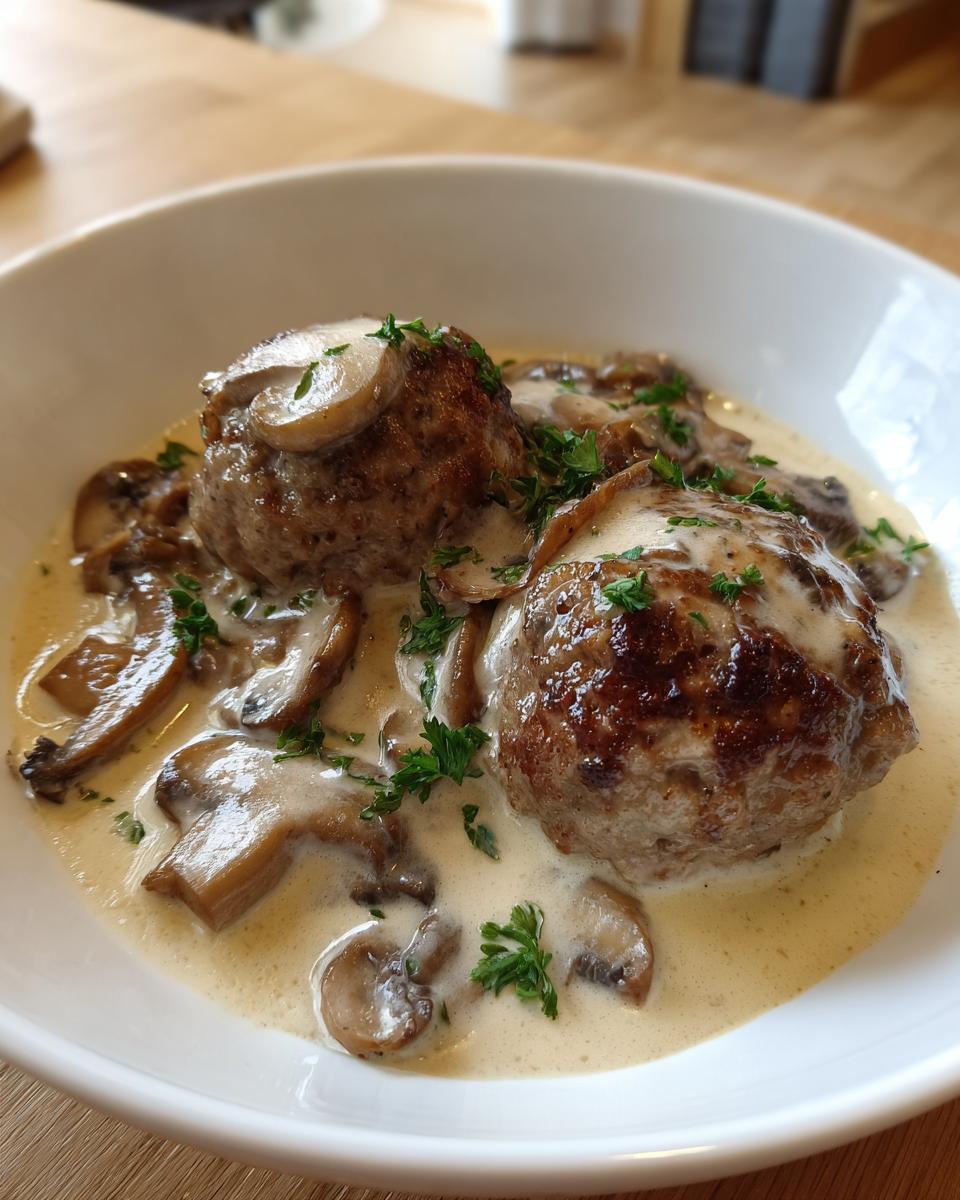 Zwei saftige Frikadellen in einer cremigen Rahmchampignons-Soße, garniert mit Petersilie.