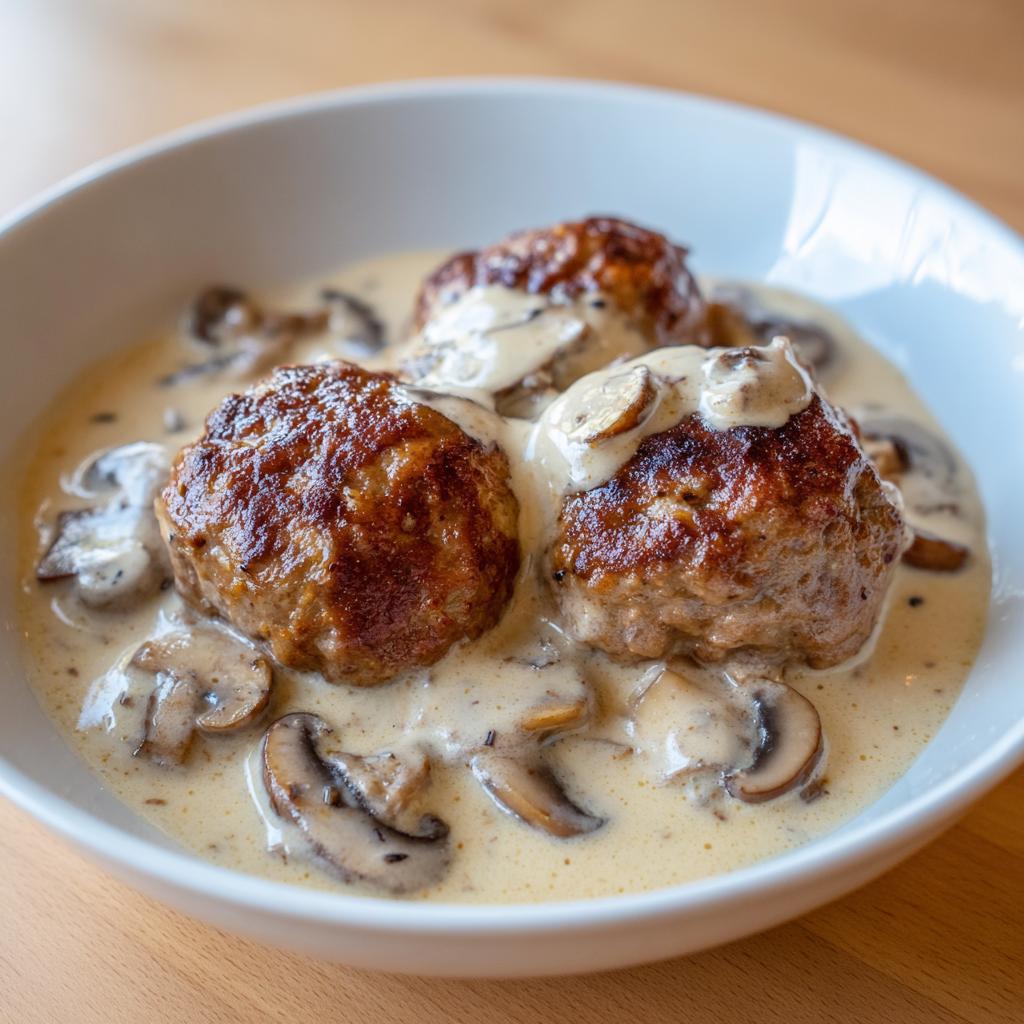 Drei gebratene Frikadellen in cremiger Rahmchampignons-Soße mit Pilzscheiben.