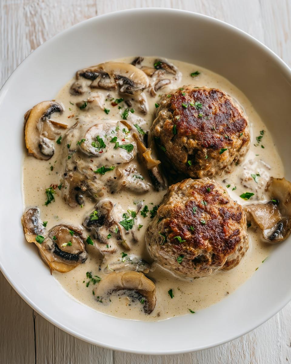 Zwei gebratene Frikadellen in einer cremigen Rahmchampignons-Soße, garniert mit Petersilie.