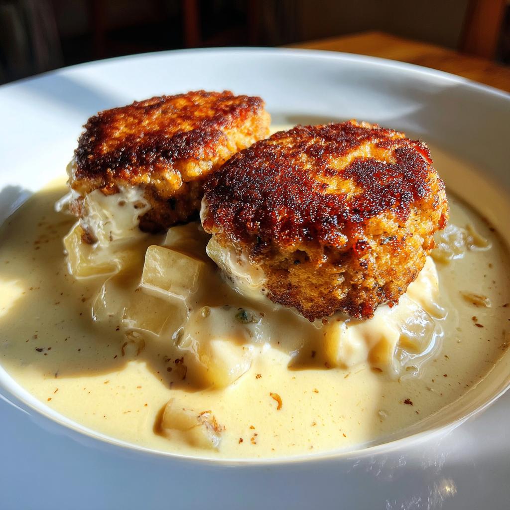 Zwei gebratene Frikadellen auf gewürfeltem Kohlrabi in einer cremigen Soße – Frikadellen mit Rahmkohlrabi.