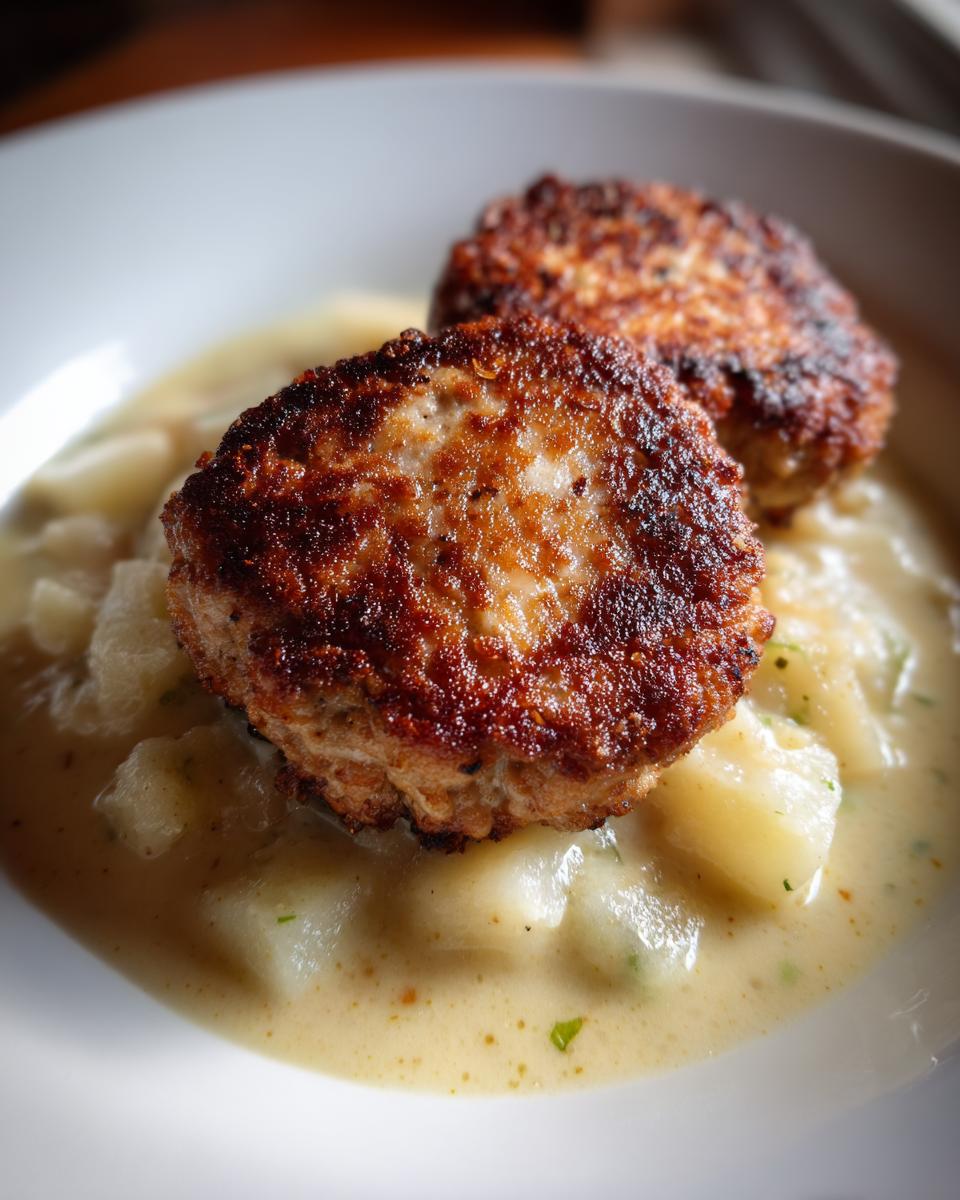 Zwei goldbraun gebratene Frikadellen auf cremigem Rahmkohlrabi in einer weißen Schüssel.