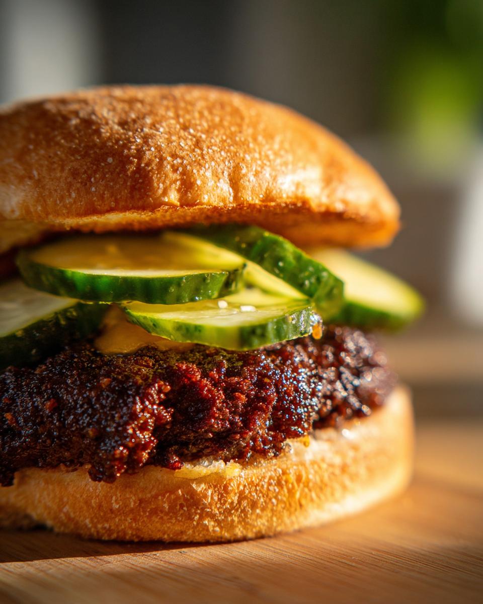 Nahaufnahme einer Frikadelle mit Schmorgurken und Senf im aufgeschnittenen Brötchen.