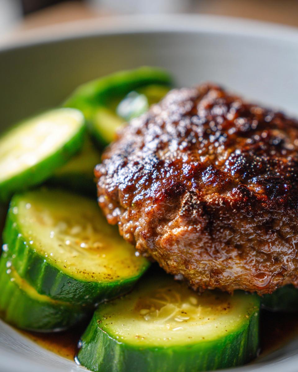 Nahaufnahme einer perfekt gebratenen Frikadelle auf Scheiben von Schmorgurken in einer Schüssel.