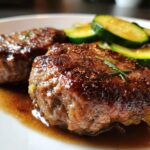 Zwei saftige Frikadellen in dunkler Soße mit gebratenen Scheiben Schmorgurken im Hintergrund.