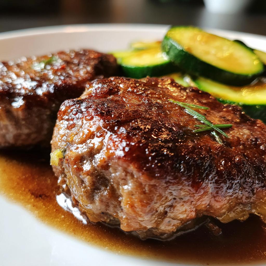 Zwei saftige Frikadellen in dunkler Soße mit gebratenen Scheiben Schmorgurken im Hintergrund.