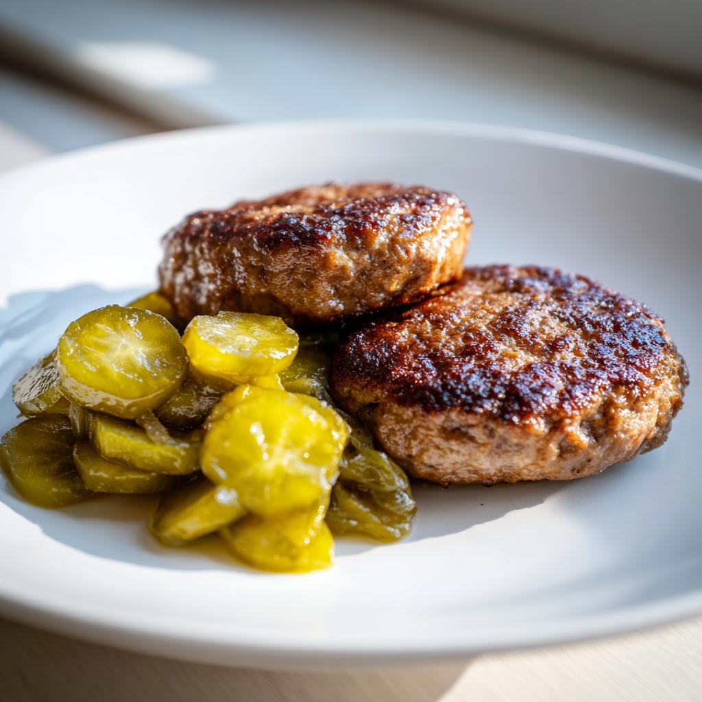 Zwei goldbraun gebratene Frikadellen liegen neben einer Portion leuchtend grüner Schmorgurken auf einem weißen Teller.