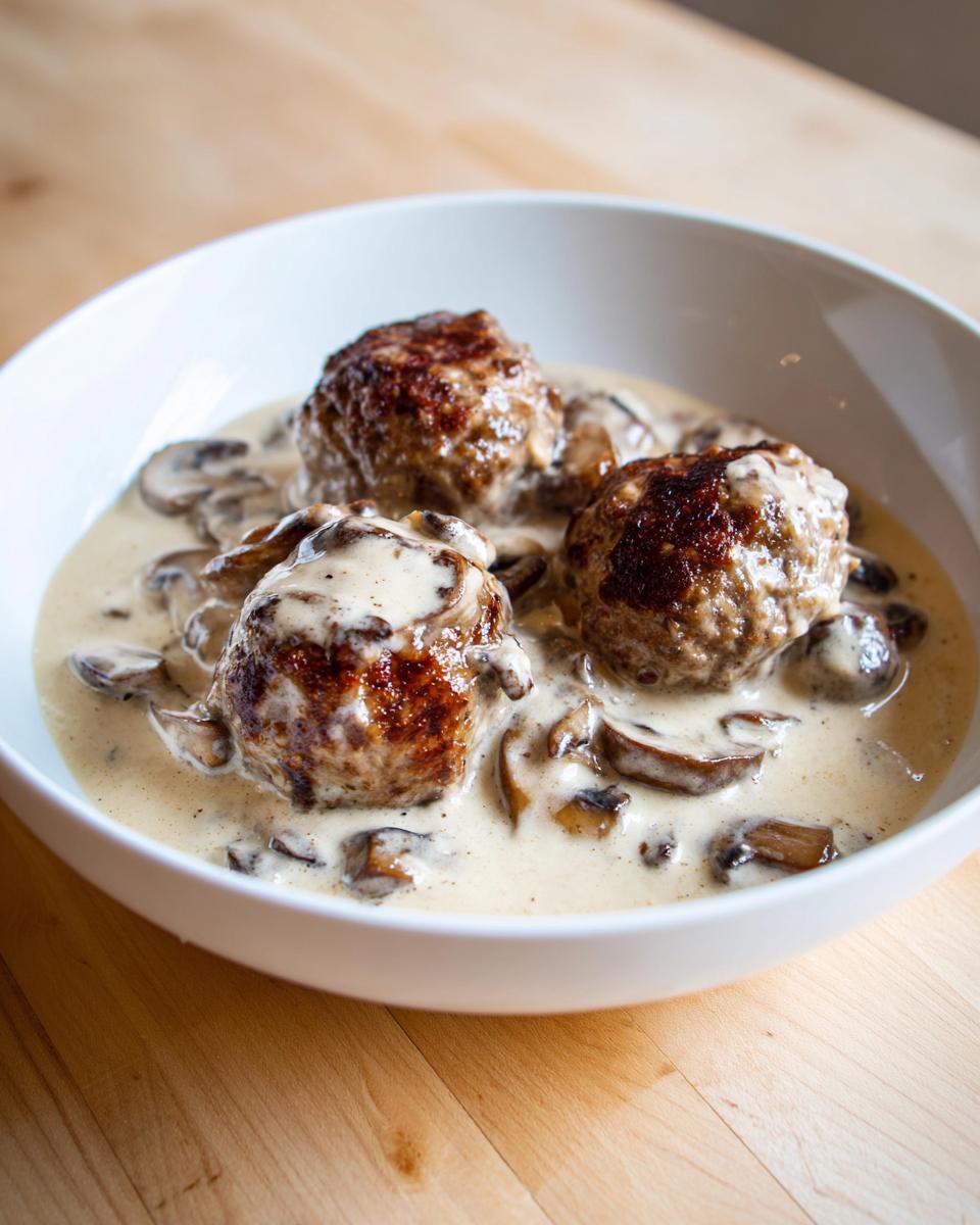 Drei saftige Frikadellen in cremiger Rahmchampignonsauce, angerichtet in einer weißen Schüssel.