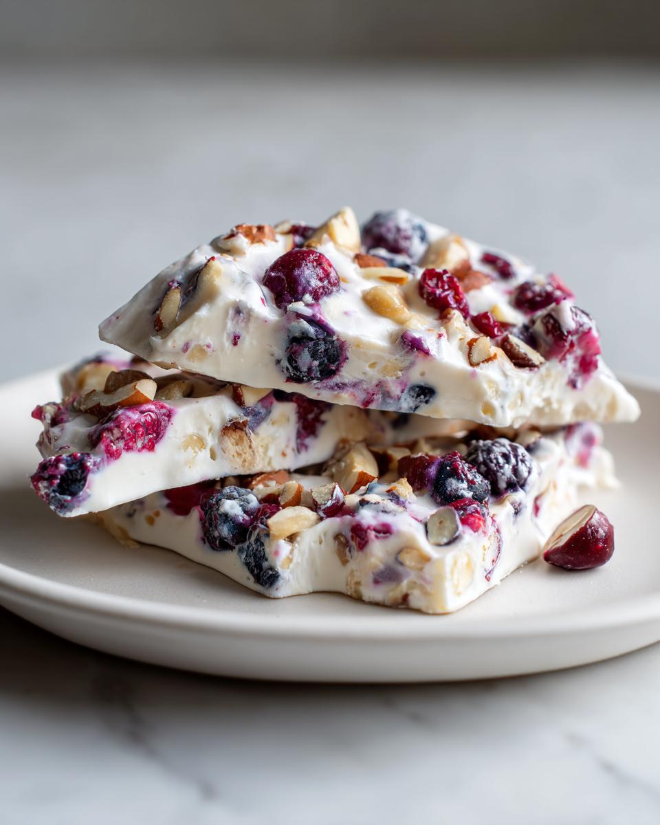 Drei Stücke Frozen-Joghurt-Rinde mit Beeren und Nüssen, gestapelt auf einem hellen Teller.