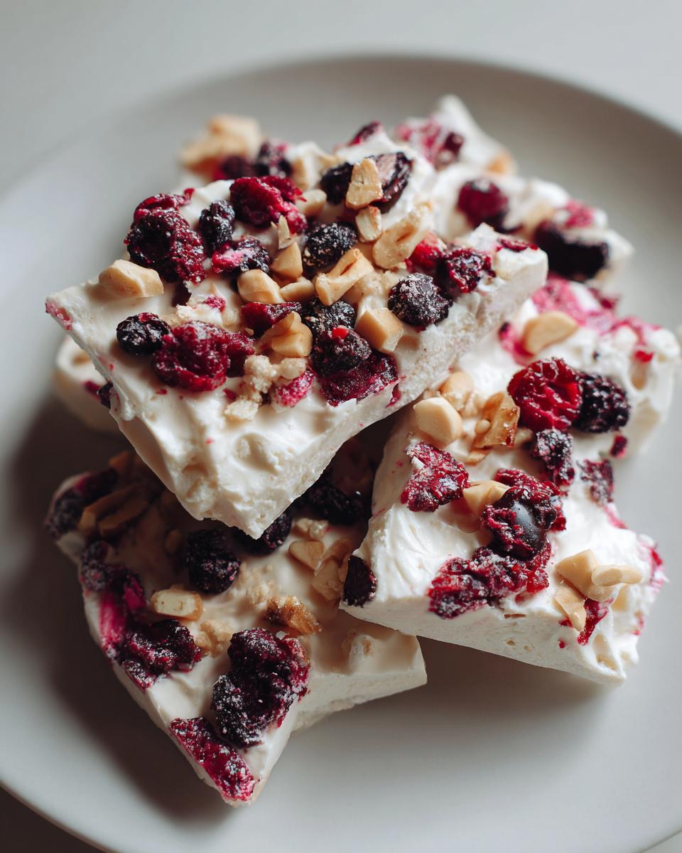 Nahaufnahme von gestapelten Stücken Frozen-Joghurt-Rinde mit Beeren und gehackten Nüssen auf einem weißen Teller.