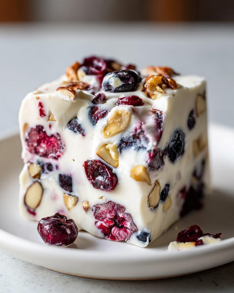 Ein dickes Stück Frozen-Joghurt-Rinde mit Beeren und Nüssen auf einem weißen Teller.