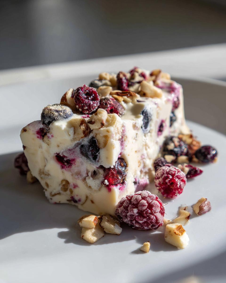 Ein dickes Stück Frozen-Joghurt-Rinde mit Beeren und gehackten Nüssen auf einem hellen Teller.