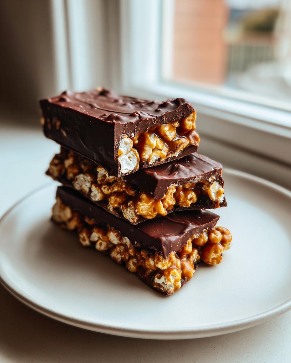 Drei gestapelte Karamell-Popcorn-Schoko-Riegel auf einem hellen Teller vor einem Fenster.