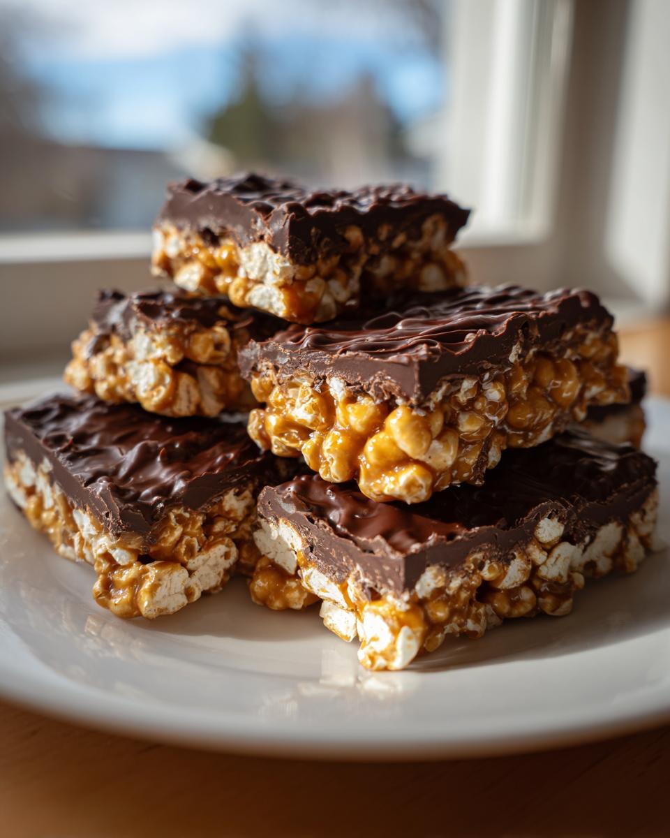 Ein Stapel selbstgemachter Karamell-Popcorn-Schoko-Riegel mit knusprigem Boden und dunkler Schokoladenglasur.