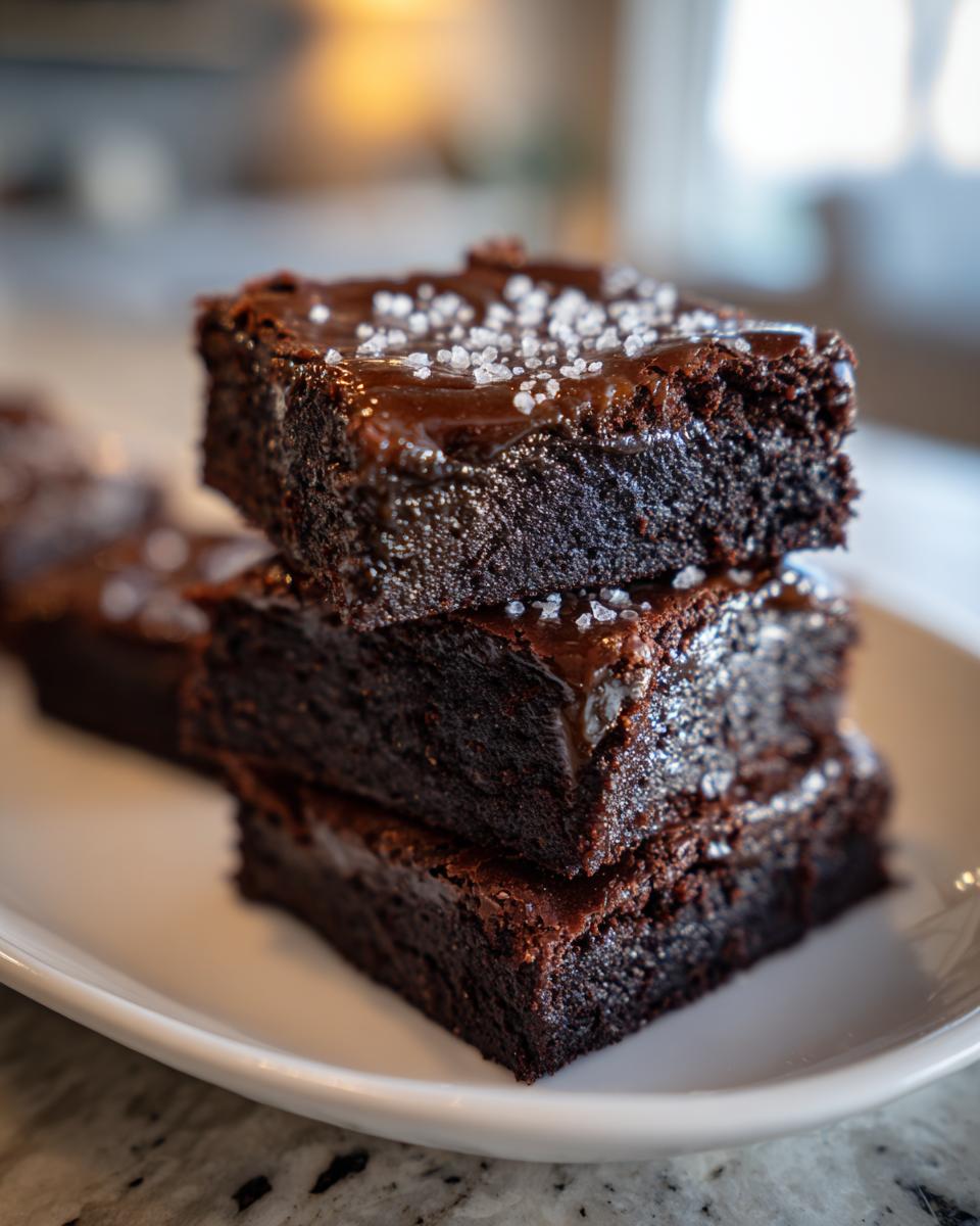 Drei gestapelte, saftige Salted-Caramel-Brownie-Bites, garniert mit Karamellglasur und grobem Meersalz.
