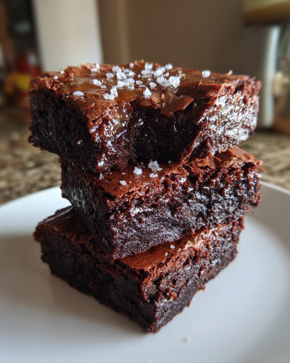 Drei saftige Salted-Caramel-Brownie-Bites übereinander gestapelt, bestreut mit grobem Meersalz.