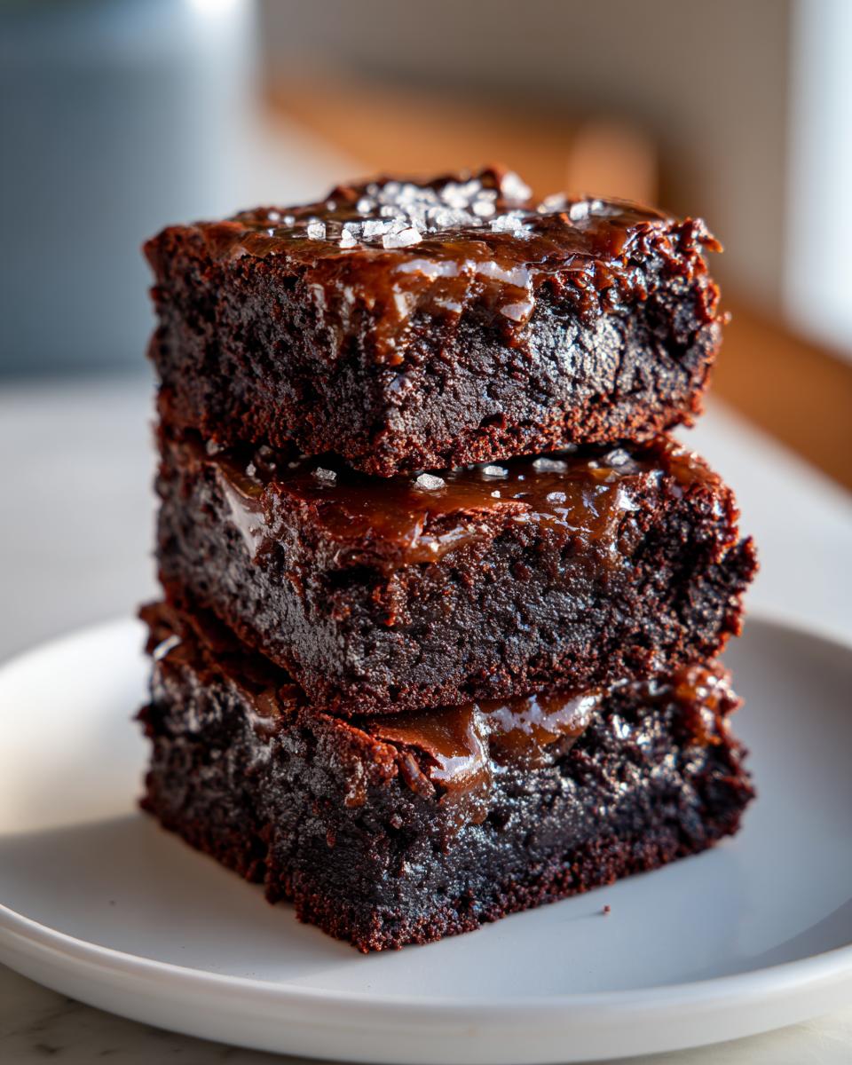Drei saftige Salted-Caramel-Brownie-Bites übereinander gestapelt, bedeckt mit Karamell und grobem Meersalz.