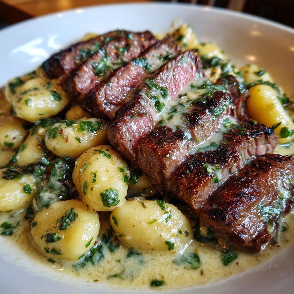 Perfekt gegrilltes Steak in Scheiben auf cremigen Gnocchi mit Kräuterbutterrahm.