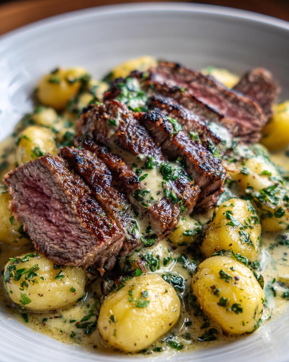 Aufgeschnittenes Steak auf fluffigen Gnocchi in cremiger Kräuterbutterrahmsoße – das perfekte Gnocchi mit Steak und Kräuterbutterrahm.