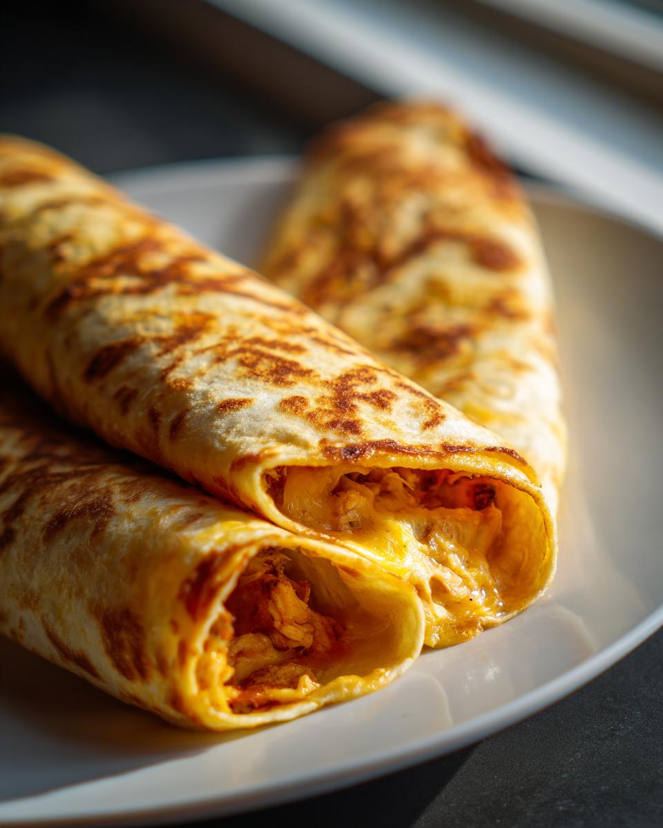 Nahaufnahme von zwei goldbraun gebratenen Chicken-Cheese-Wraps, bei denen die geschmolzene Käsefüllung herausquillt.