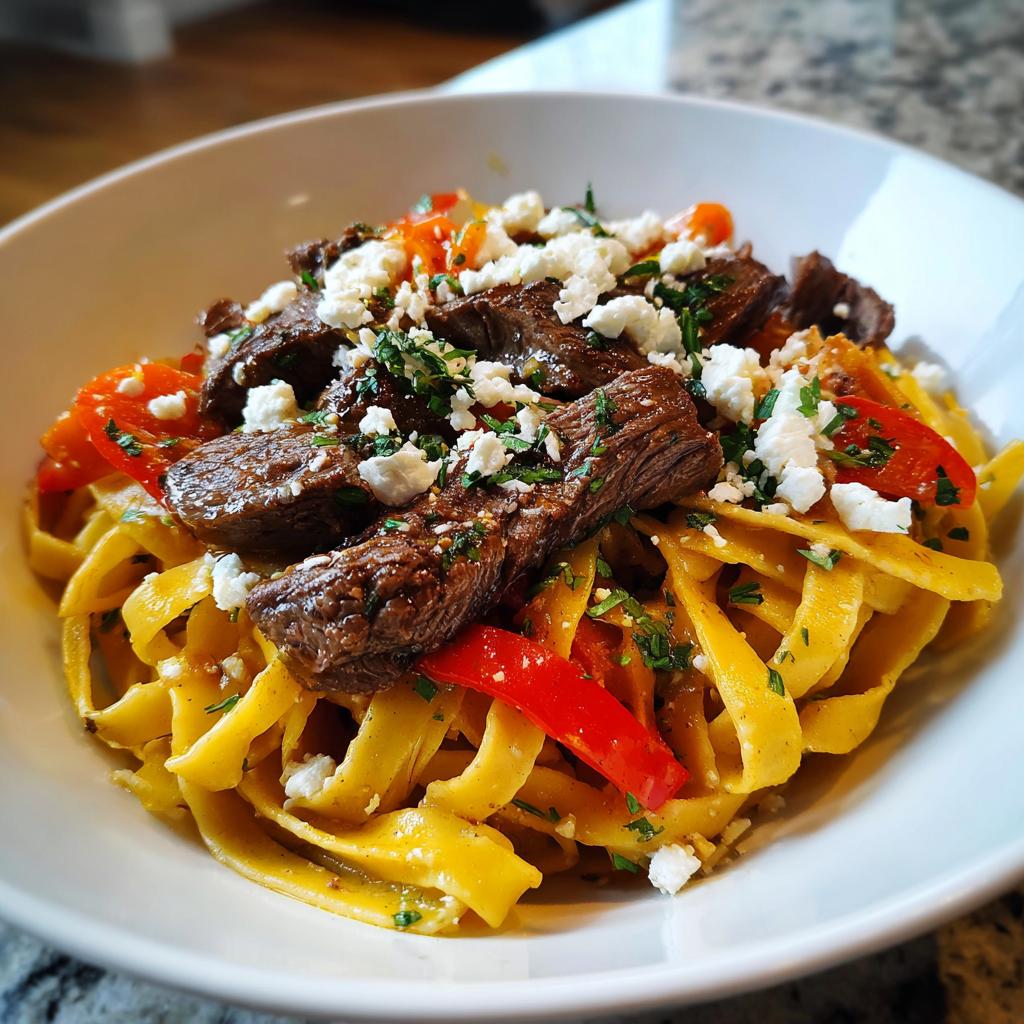 Nahaufnahme von Griechische Steaknudeln mit saftigen Steakstreifen, roten Paprika und zerbröseltem Feta.