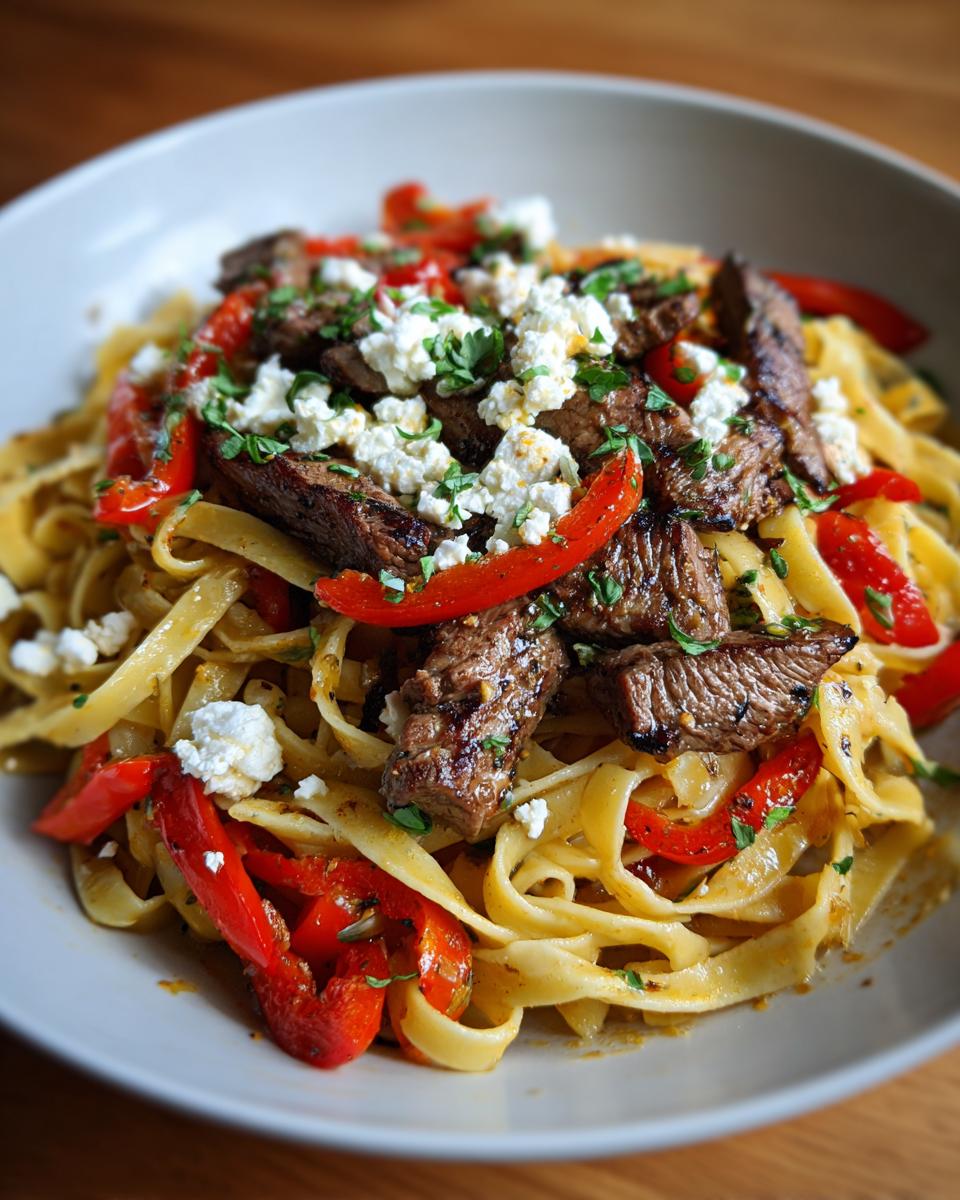 Nahaufnahme von Griechische Steaknudeln mit gebratenen Steakstreifen, roten Paprika und zerbröseltem Feta.