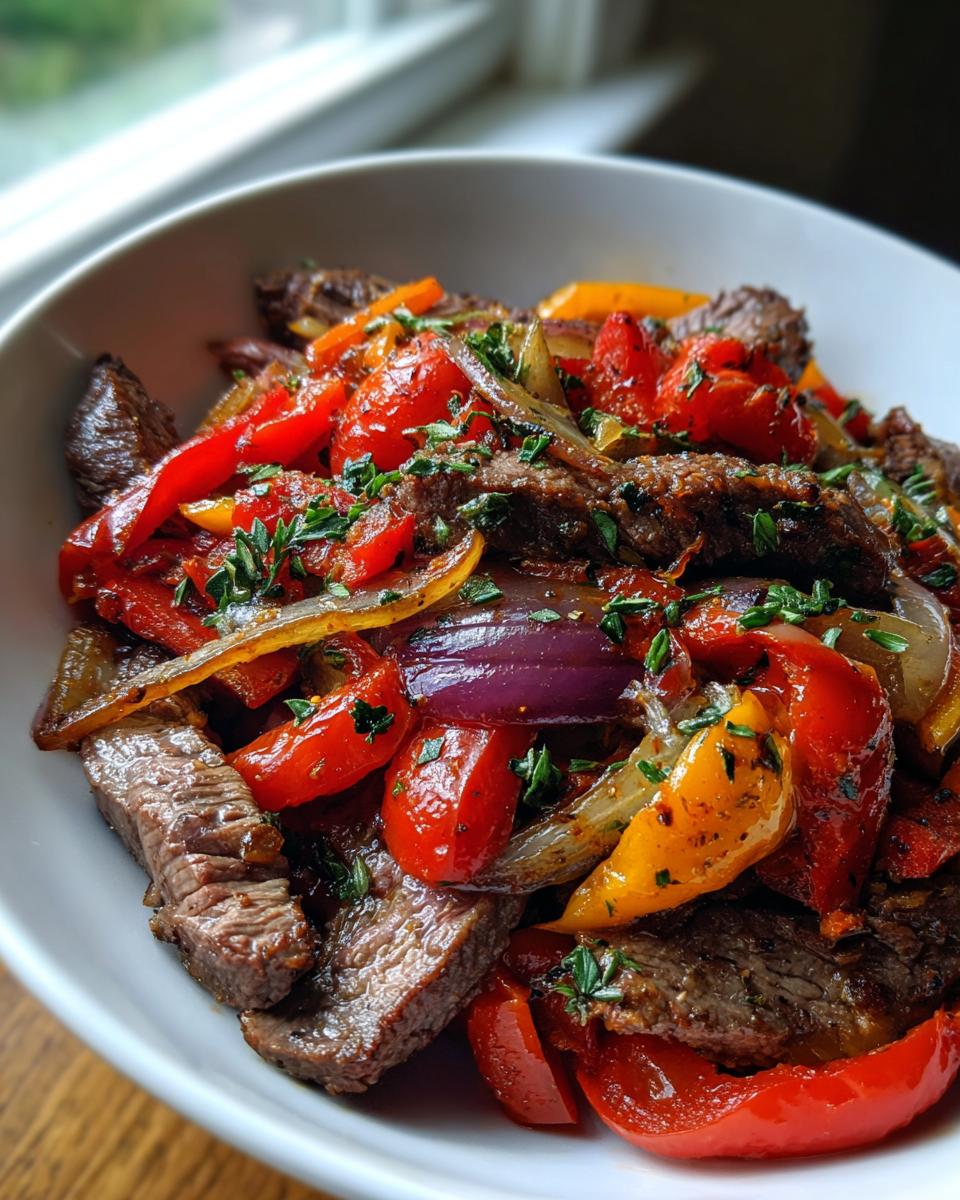 Nahaufnahme der Griechische Steakpfanne mit Kräutern, bestehend aus saftigen Steakstreifen und bunten Paprika- und Zwiebelstücken.