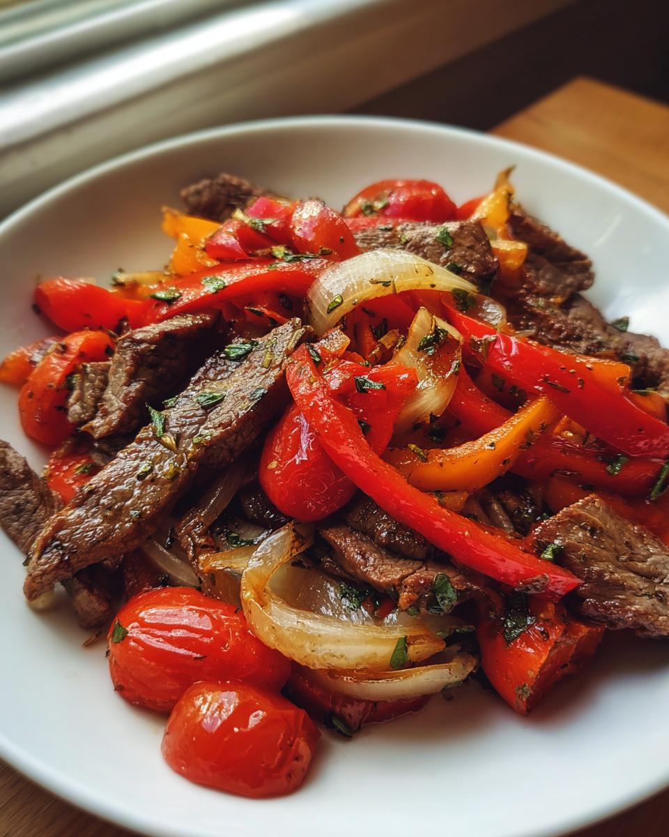 Nahaufnahme der fertigen Griechische Steakpfanne mit Kräutern, bestehend aus gebratenen Steakstreifen, Paprika und Kirschtomaten.