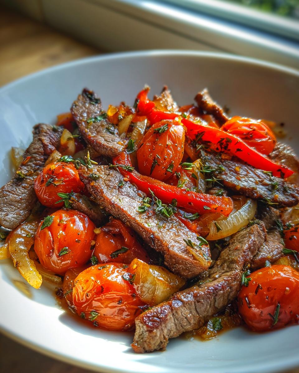 Nahaufnahme einer Griechische Steakpfanne mit Kräutern, bestehend aus gebratenen Steakstreifen, Kirschtomaten und Zwiebeln.