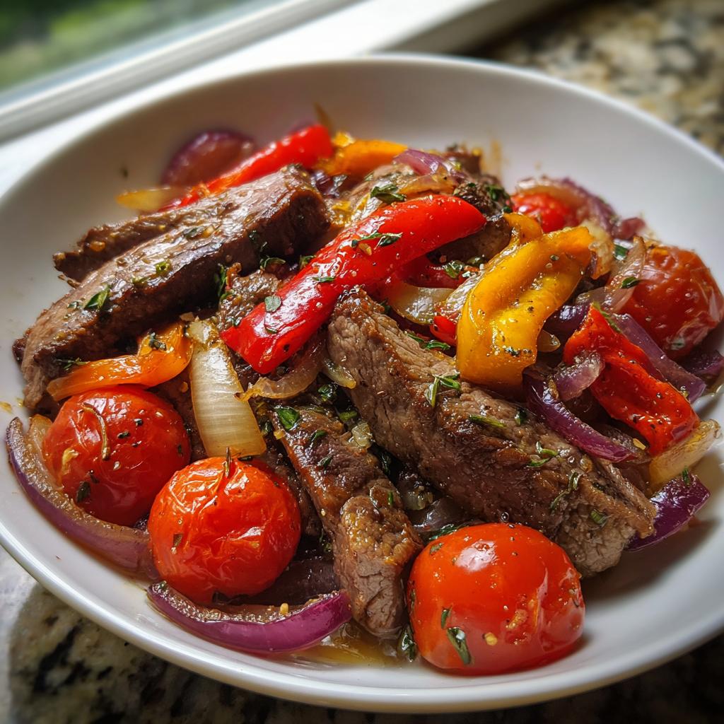 Nahaufnahme der Griechische Steakpfanne mit Kräutern, mit saftigen Steakstreifen, roten Zwiebeln, Paprika und Kirschtomaten.