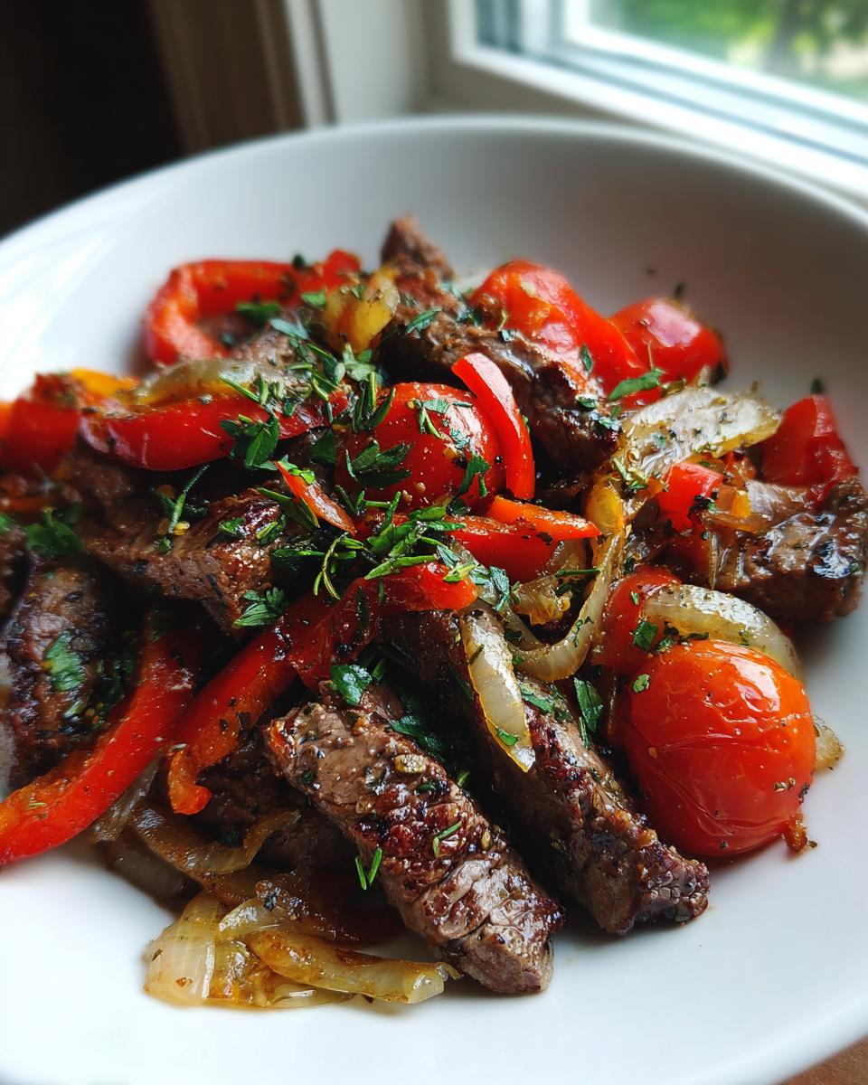 Nahaufnahme der fertigen Griechische Steakpfanne mit Kräutern, mit saftigen Fleischstreifen, roten Paprika und Kirschtomaten.