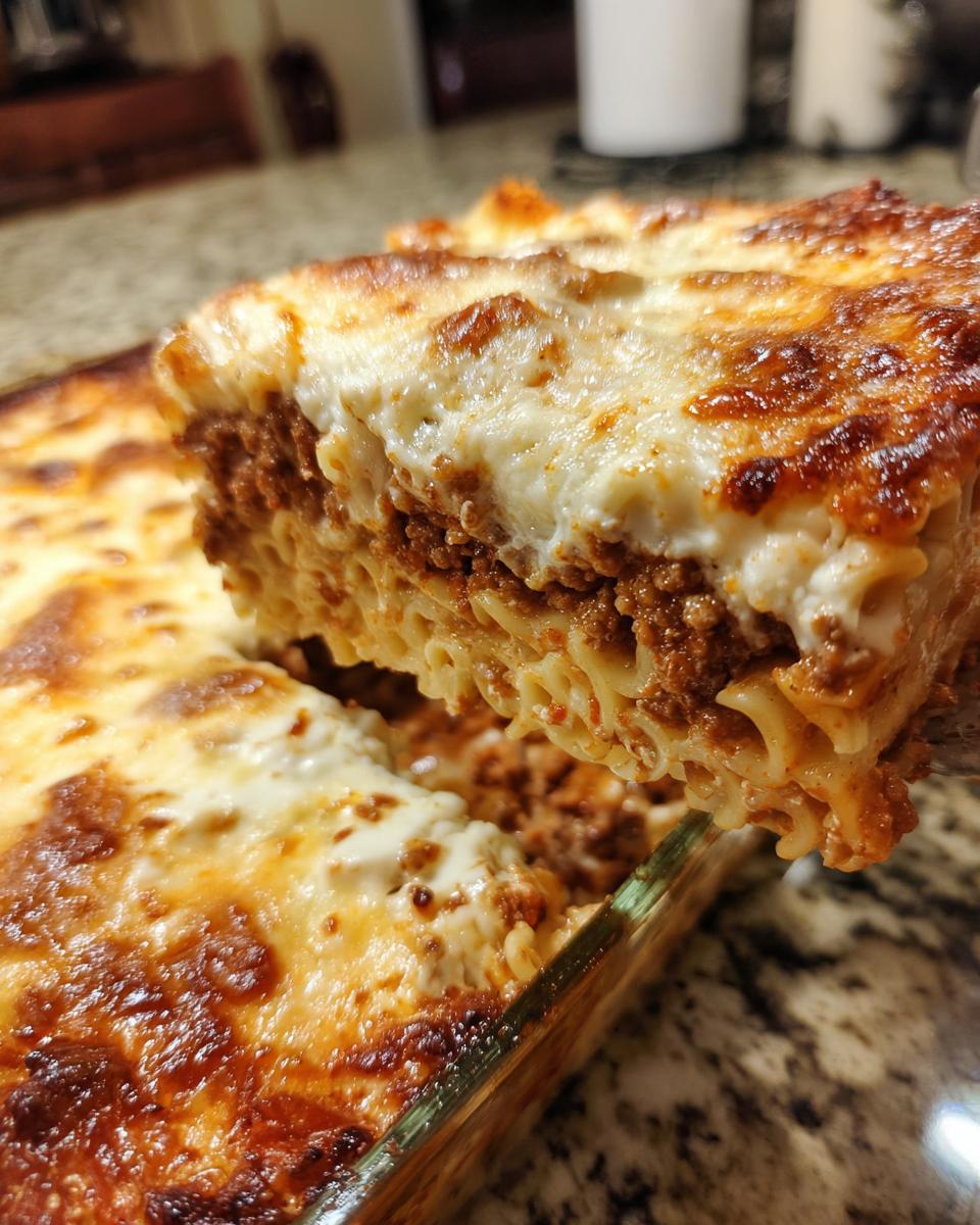 Ein Stück Griechischer Hackfleisch-Nudelauflauf wird aus der Auflaufform gehoben, mit goldbrauner Kruste.