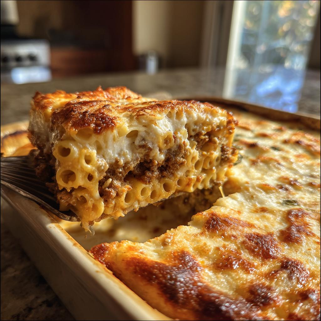 Ein großes Stück Griechischer Hackfleisch-Nudelauflauf wird aus der Auflaufform gehoben, mit goldbrauner Kruste.