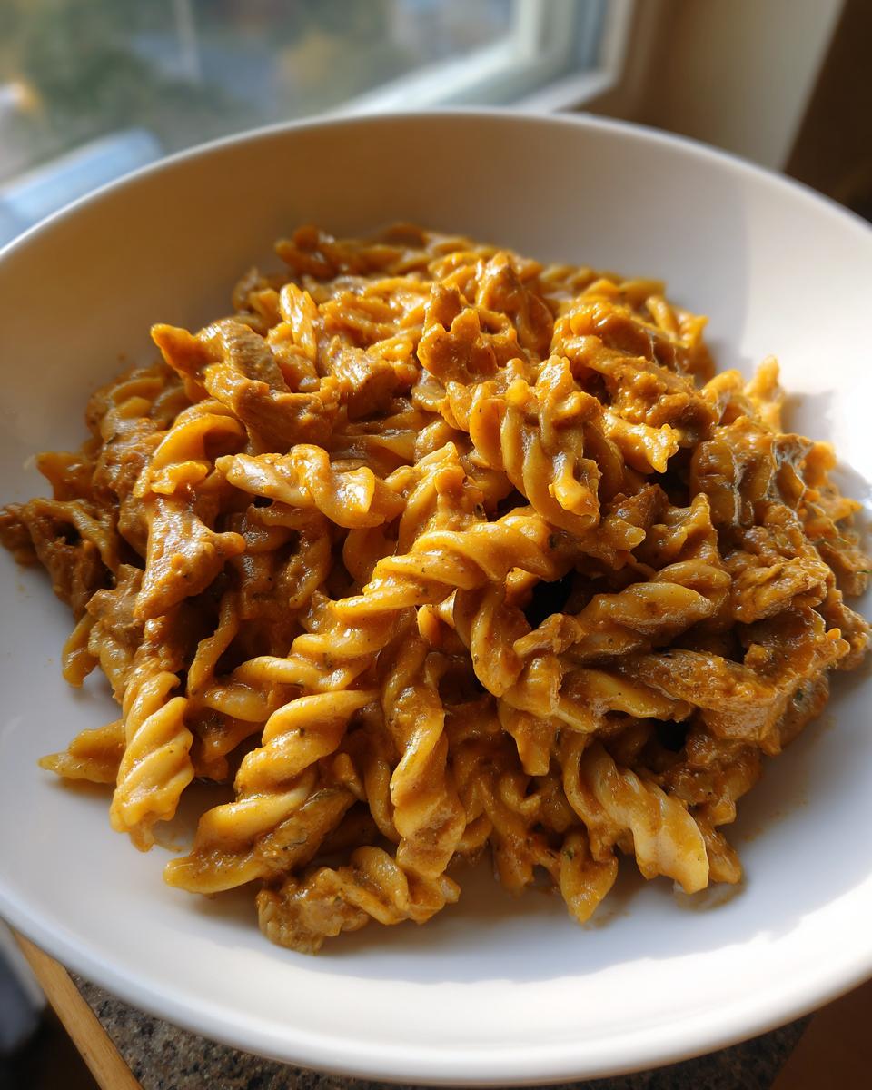 Nahaufnahme einer Portion cremiger Gyros-Nudelpfanne in Metaxasauce mit Spiralnudeln in einer weißen Schüssel.