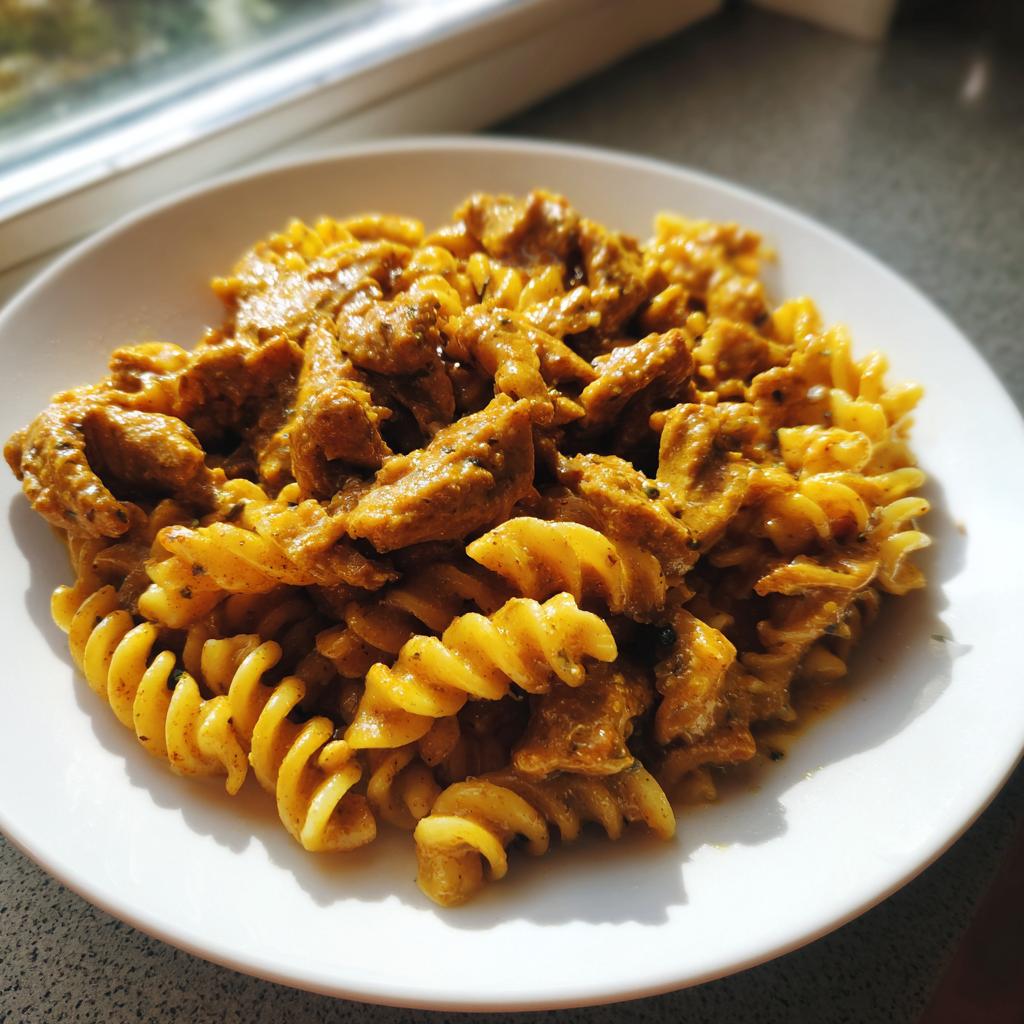 Nahaufnahme einer Portion Gyros-Nudelpfanne in cremiger Metaxasauce mit Spiralnudeln auf einem weißen Teller.