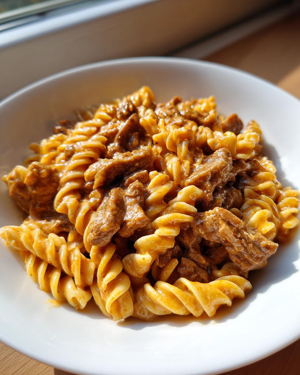 Nahaufnahme einer weißen Schüssel mit cremiger Gyros-Nudelpfanne in Metaxasauce und Spiralnudeln.