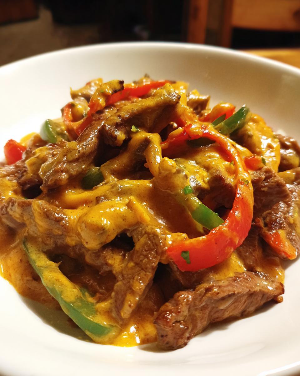 Nahaufnahme einer Portion Gyros-Steakpfanne mit Metaxasauce, Fleischstreifen und bunten Paprikastreifen in einer weißen Schale.