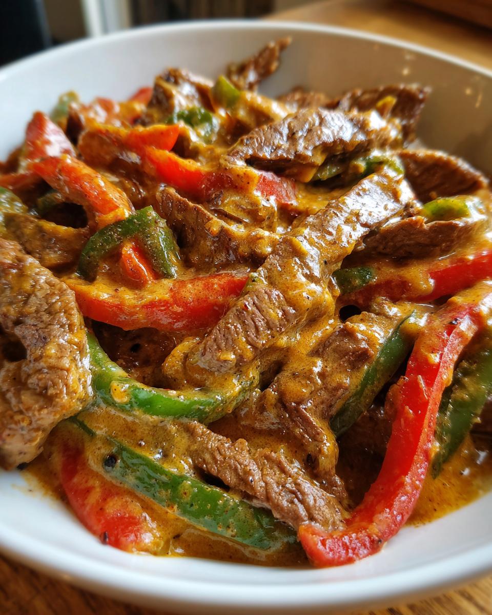 Nahaufnahme der saftigen Streifen von Fleisch und bunten Paprika in der cremigen Metaxasauce der Gyros-Steakpfanne.