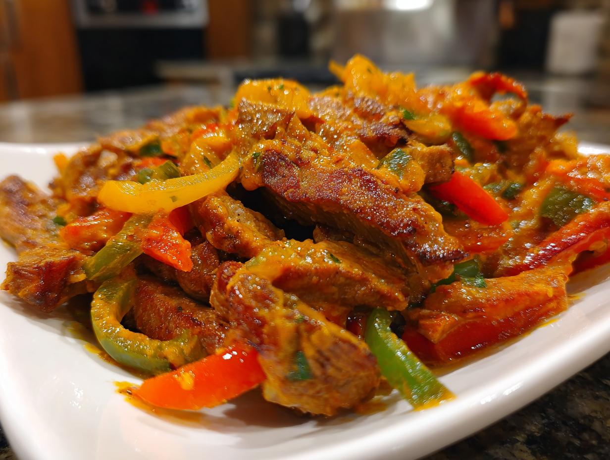 Nahaufnahme einer leckeren Gyros-Steakpfanne mit Metaxasauce und bunten Paprikastreifen auf einem weißen Teller.