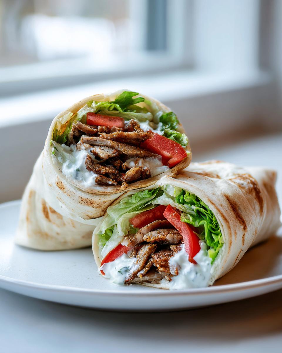 Zwei Hälften von saftigen Gyros-Wraps aus der Pfanne, gefüllt mit Fleisch, Tzatziki, Salat und Tomaten, auf einem Teller.